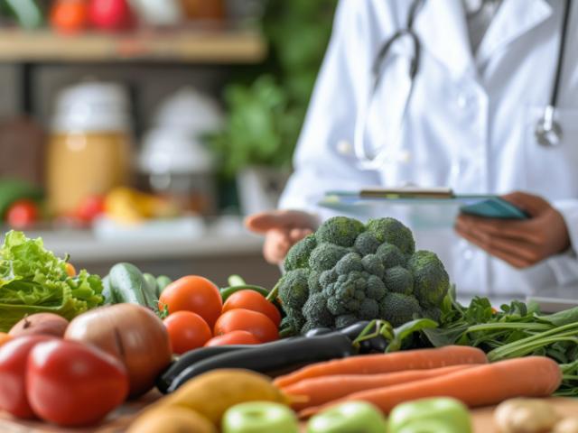 Médico mostrando alimentos buenos para el cerebro.